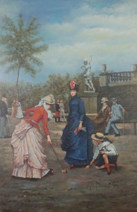 Three large modern reproduction paintings, including Ladies playing Croquet, after Tissot, A lady