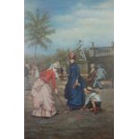 Three large modern reproduction paintings, including Ladies playing Croquet, after Tissot, A lady