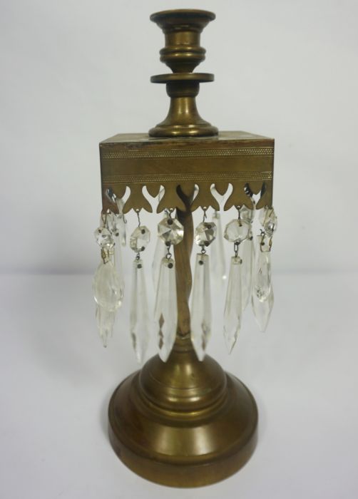 A pair of brass candlestick lustres, in 17th revival, with square collars and suspended clear lustre - Image 4 of 5