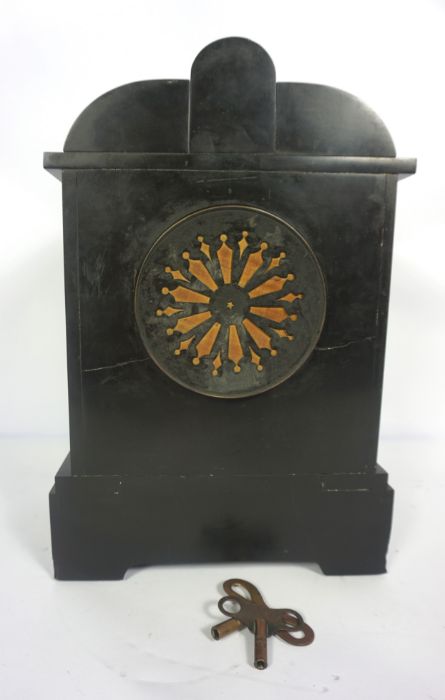 A Victorian slate cased mantel clock and vintage aneroid barometer (2) - Image 5 of 10