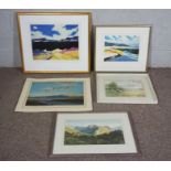 A group of pictures and prints, including landscape by John Hadfield, watercolour; Snow on the Downs
