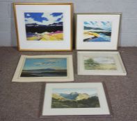 A group of pictures and prints, including landscape by John Hadfield, watercolour; Snow on the Downs