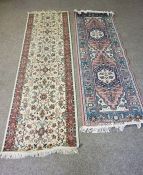 Two modern carpet runners, one with two hexagons on a light pink ground, 245cm x 77cm; and another