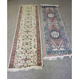 Two modern carpet runners, one with two hexagons on a light pink ground, 245cm x 77cm; and another