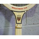 An assortment of items, including three table lamps; three vintage tennis racquets and a box of