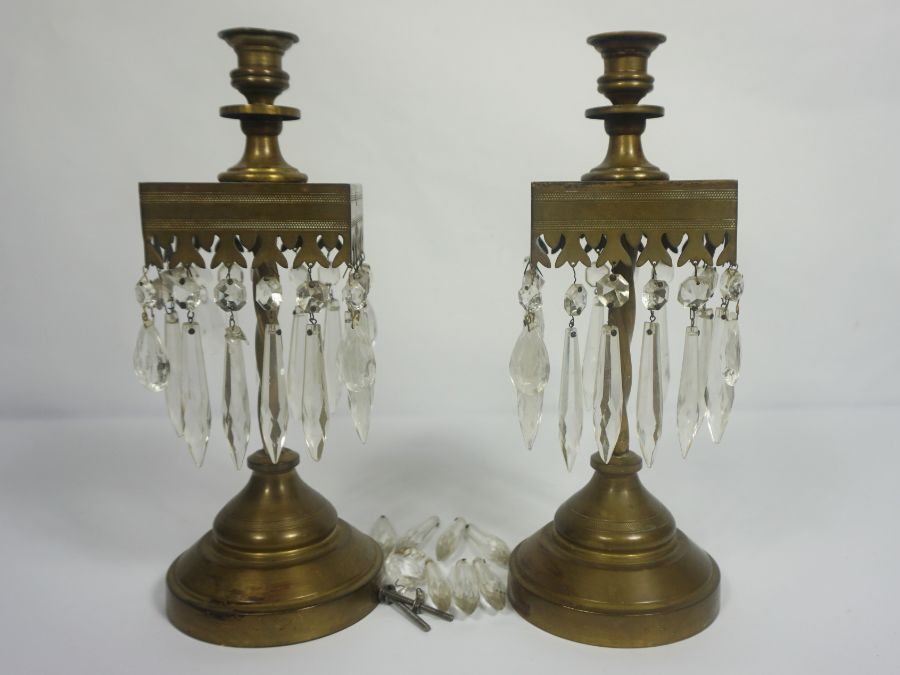 A pair of brass candlestick lustres, in 17th revival, with square collars and suspended clear lustre - Image 2 of 5