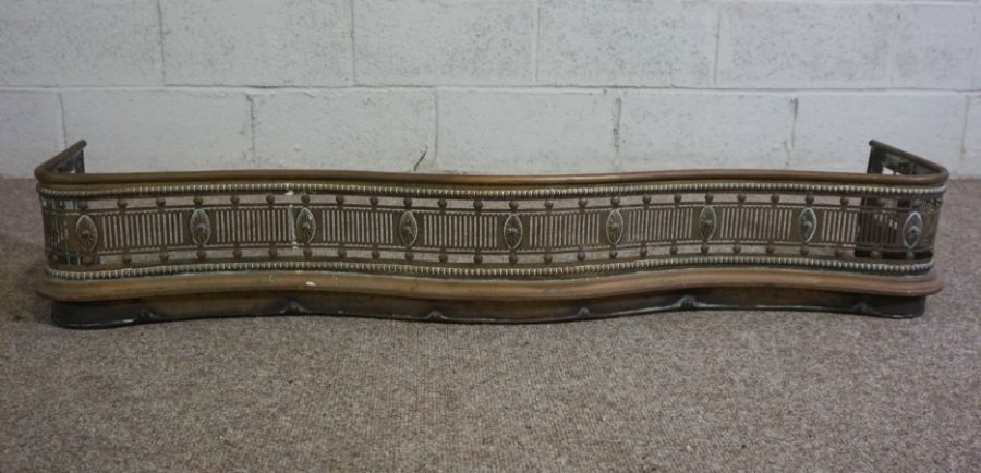 A Victorian serpentine brass fretwork fire curb, 140cm long; and brass and iron spark guard (2) - Image 3 of 7