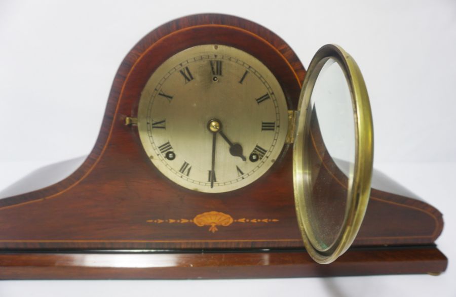 An Edwardian mahogany cased mantel clock, with domed top, 52cm wide; together with vintage style - Image 3 of 9