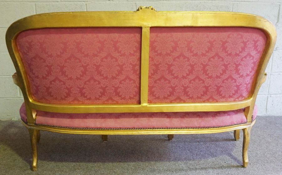 A George III style giltwood framed settee (or Canape), 20th century revival, with an arched - Image 6 of 6