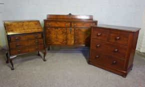 A vintage walnut veneered bureau, 97cm high, 73cm wide; together with a small chest of drawers and a