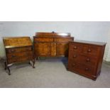 A vintage walnut veneered bureau, 97cm high, 73cm wide; together with a small chest of drawers and a