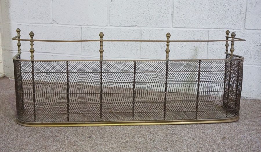 A Victorian serpentine brass fretwork fire curb, 140cm long; and brass and iron spark guard (2) - Image 7 of 7