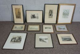 A group of vintage engravings and etchings including St. Mary's House, Jedburgh and others