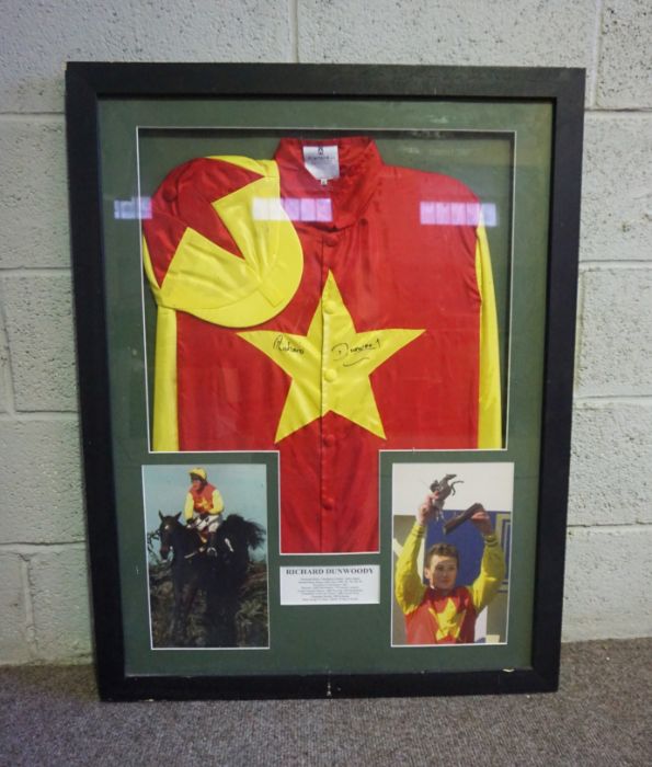 Grand National Interest: A framed racing silk, signed by Richard Dunwoody, the red and yellow ‘silk’ - Image 4 of 7