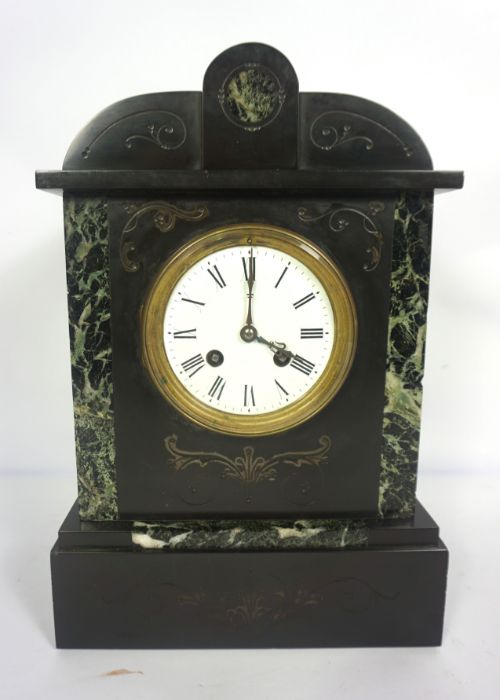 A Victorian slate cased mantel clock and vintage aneroid barometer (2) - Image 2 of 10