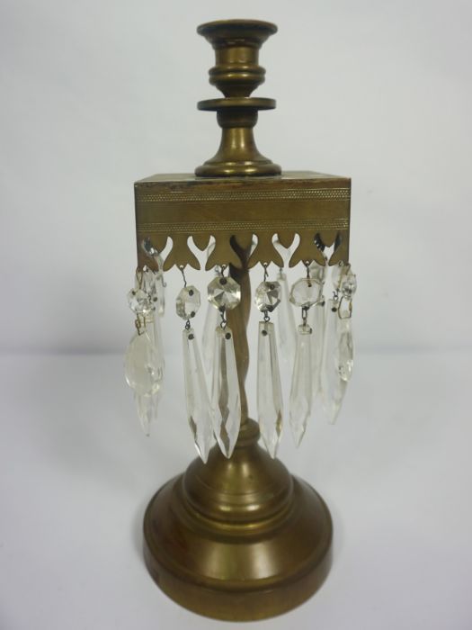 A pair of brass candlestick lustres, in 17th revival, with square collars and suspended clear lustre - Image 5 of 5