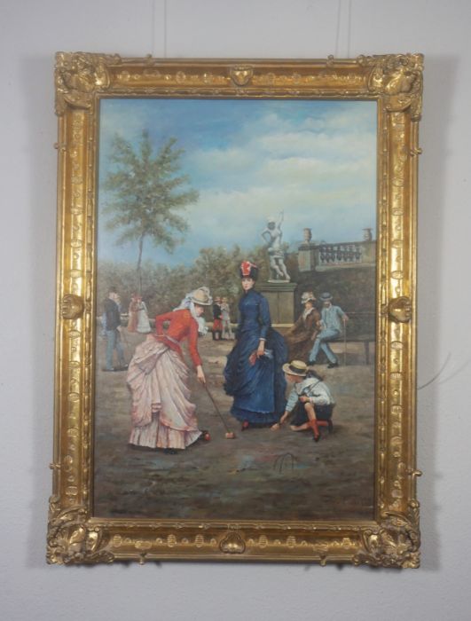 Three large modern reproduction paintings, including Ladies playing Croquet, after Tissot, A lady - Image 9 of 12