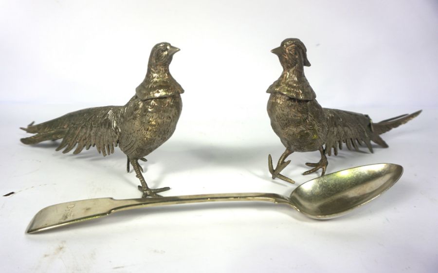 A collection of metalware, including a pair of silver plated table pheasants; an Arts & Crafts - Image 2 of 3