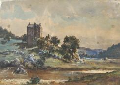 Samuel Bough, Scottish (1822-1878),  Neidpath Castle, beside the River Tweed, watercolour with