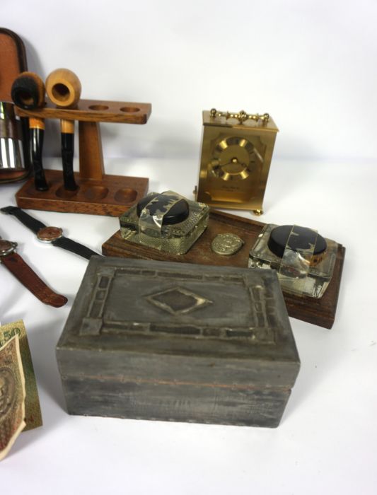 A box of ephemera, including vintage watches, a leather and cast turtle paperweight, pipes and other - Image 3 of 4