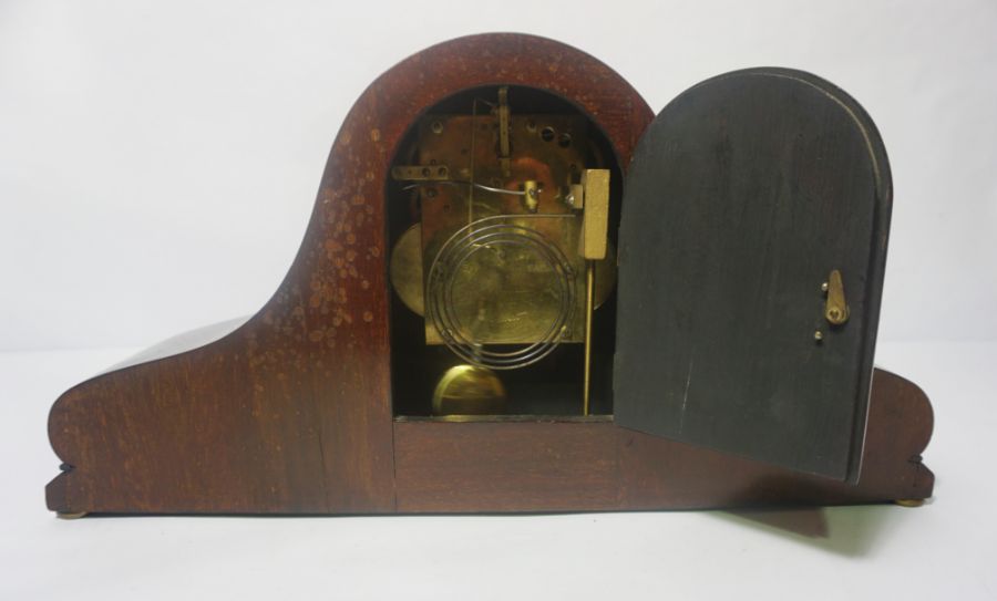 An Edwardian mahogany cased mantel clock, with domed top, 52cm wide; together with vintage style - Image 4 of 9