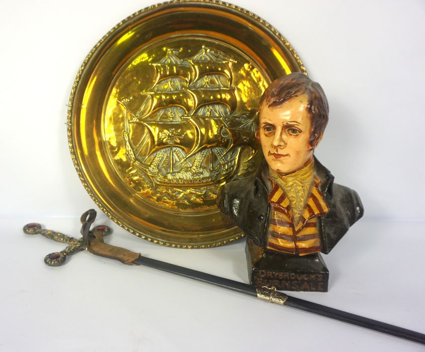 A box of assorted items, including a decorative small sword, A “Dryborough’s Burns’ Ale” bust of - Image 2 of 5