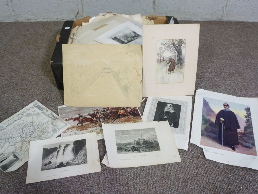 A group of loose prints, together with two nude life drawings, a Russell Flint print and similar (