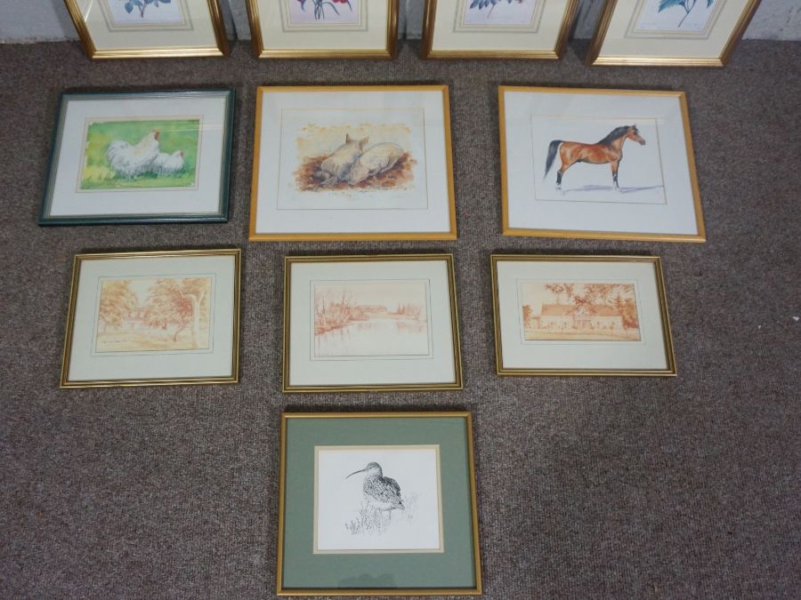 Eleven assorted pictures and prints including a small watercolour of a Cochin Cock and Hen (11) - Image 3 of 6