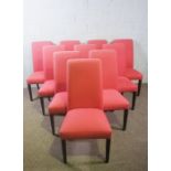 A set of ten modern beech framed dining chairs, with scrolled over and upholstered backs,