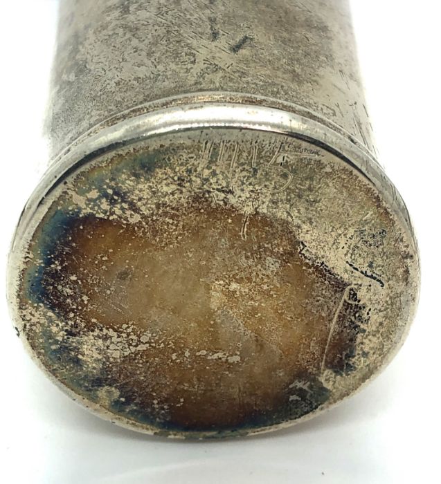 A George III silver pounce pot, hallmarks indistinct, of cylindrical form with pierced lid, 11cm - Image 8 of 13