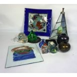 A quantity of assorted novelty glass, including paperweights, a lustre vase and glass platers (a