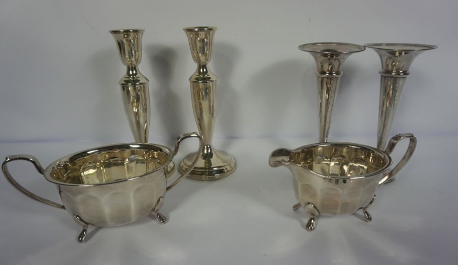 Assorted silver plate, including a tray, teaset, spill vases etc (a lot) - Image 5 of 7