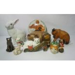 A quantity of assorted novelty china, including a large hen, a rabbit and penguin (a lot)