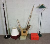 Miscellaneous items including a standard lamp, modern lamp fitting, trunk, assorted records, vintage