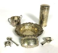 A George III silver pounce pot, hallmarks indistinct, of cylindrical form with pierced lid, 11cm