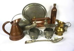 A collection of metalware, including a pair of silver plated table pheasants; an Arts & Crafts