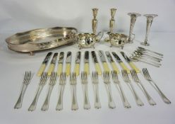 Assorted silver plate, including a tray, teaset, spill vases etc (a lot)