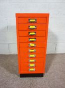 A small Bisley type ten drawer workshop or office cabinet, 68cm high, 28cm wide