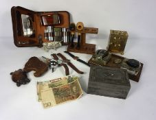 A box of ephemera, including vintage watches, a leather and cast turtle paperweight, pipes and other