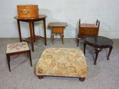 Assorted small tables, including two circular occasional tables, and a worktable, also a piano stool