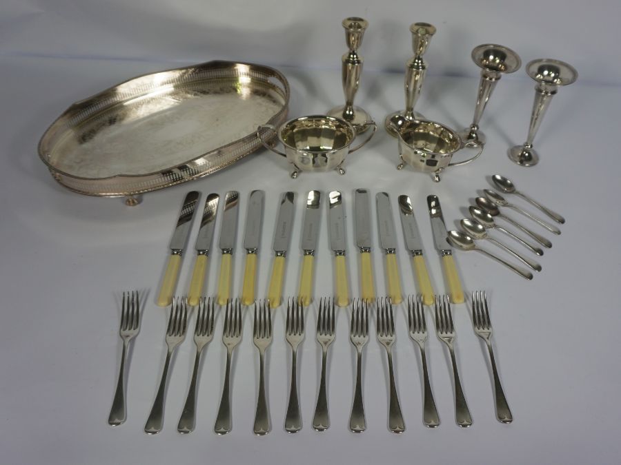 Assorted silver plate, including a tray, teaset, spill vases etc (a lot) - Image 2 of 7
