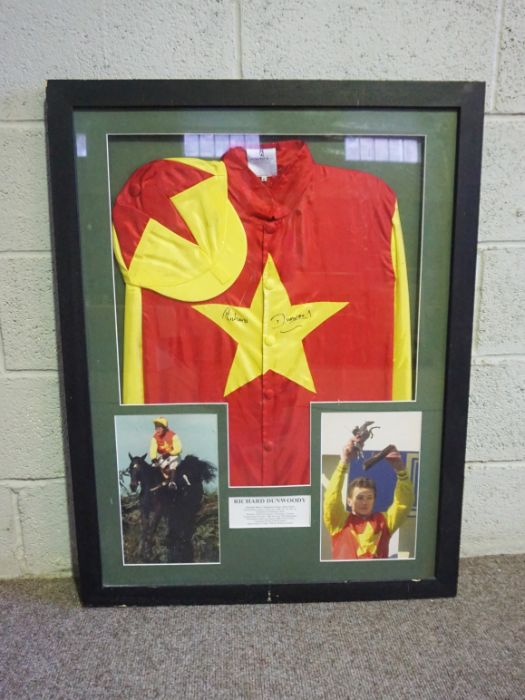 Grand National Interest: A framed racing silk, signed by Richard Dunwoody, the red and yellow ‘silk’ - Image 3 of 7