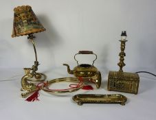 A quantity of assorted brassware including a vintage adjustable table lamp, inkstand, kettle, coal
