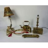 A quantity of assorted brassware including a vintage adjustable table lamp, inkstand, kettle, coal