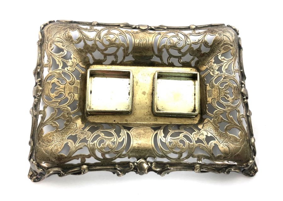 A Victorian silver inkstand, hallmarked Sheffield 1847, with date lozenge, the pierced and scroll - Image 3 of 11