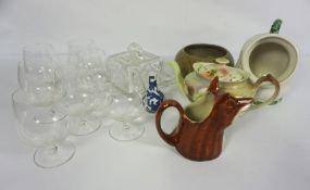 Assorted ceramics and glass, including a set of six Brandy glasses, a novely fox jug and other