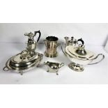 A group of silver plate, including a good Neo-Classical style covered tureen; a wine bottle coaster,