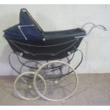 A large vintage Osnath coach built pram, mid 20th century, in dark blue with sprung frame, 136cm
