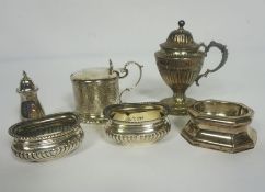 A group of assorted silver salts and mustard pots, including Victorian silver drum mustard,