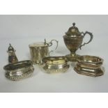 A group of assorted silver salts and mustard pots, including Victorian silver drum mustard,